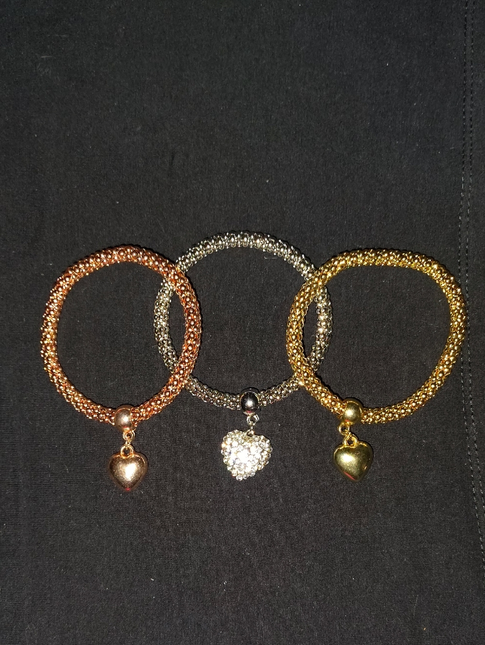 Gold, Rose Gold & Silver Heart Charm Stretch Bracelets